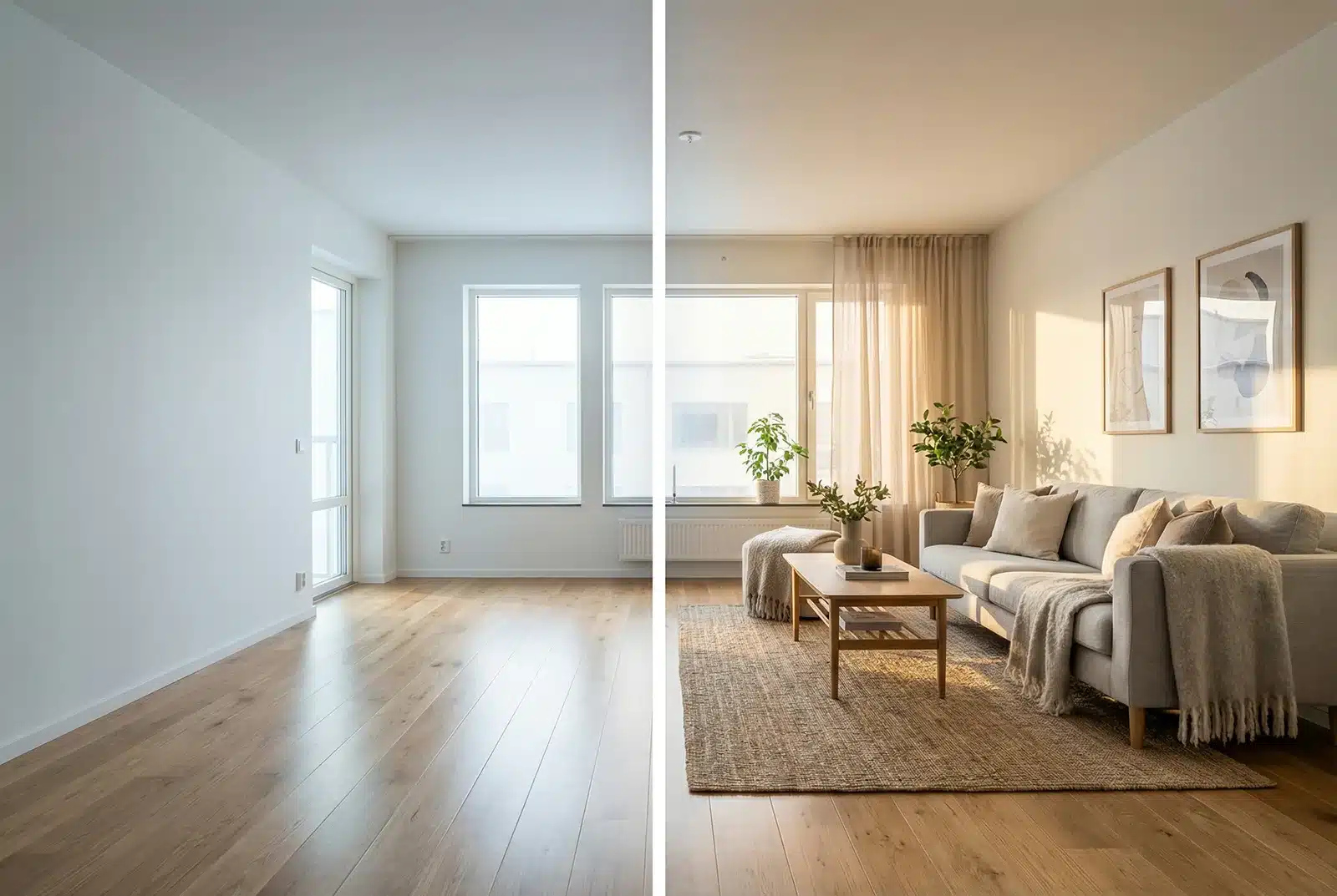 immoGPT KI-Staging: links vorher, rechts nachher
